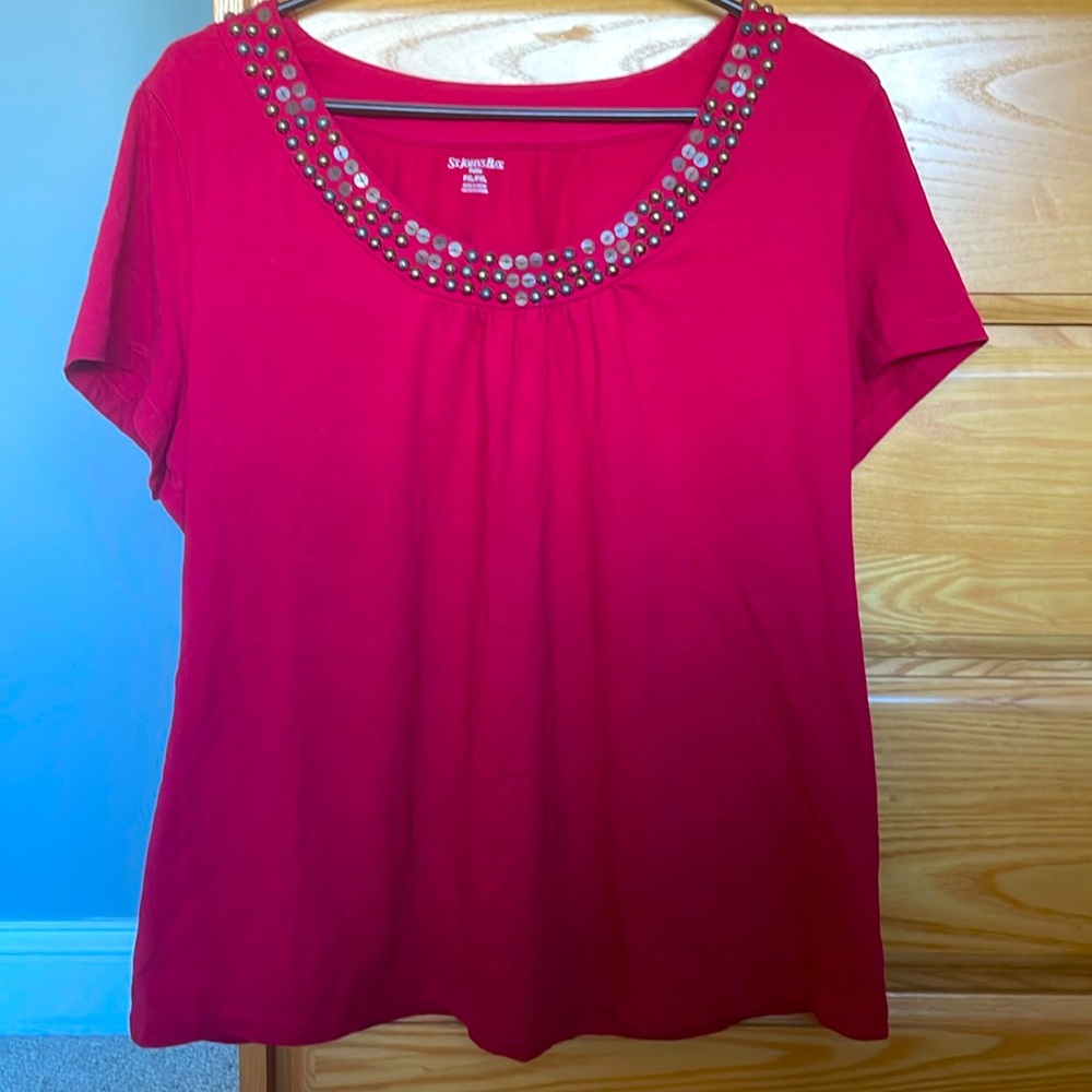 Red Shirt with Beaded Neckline